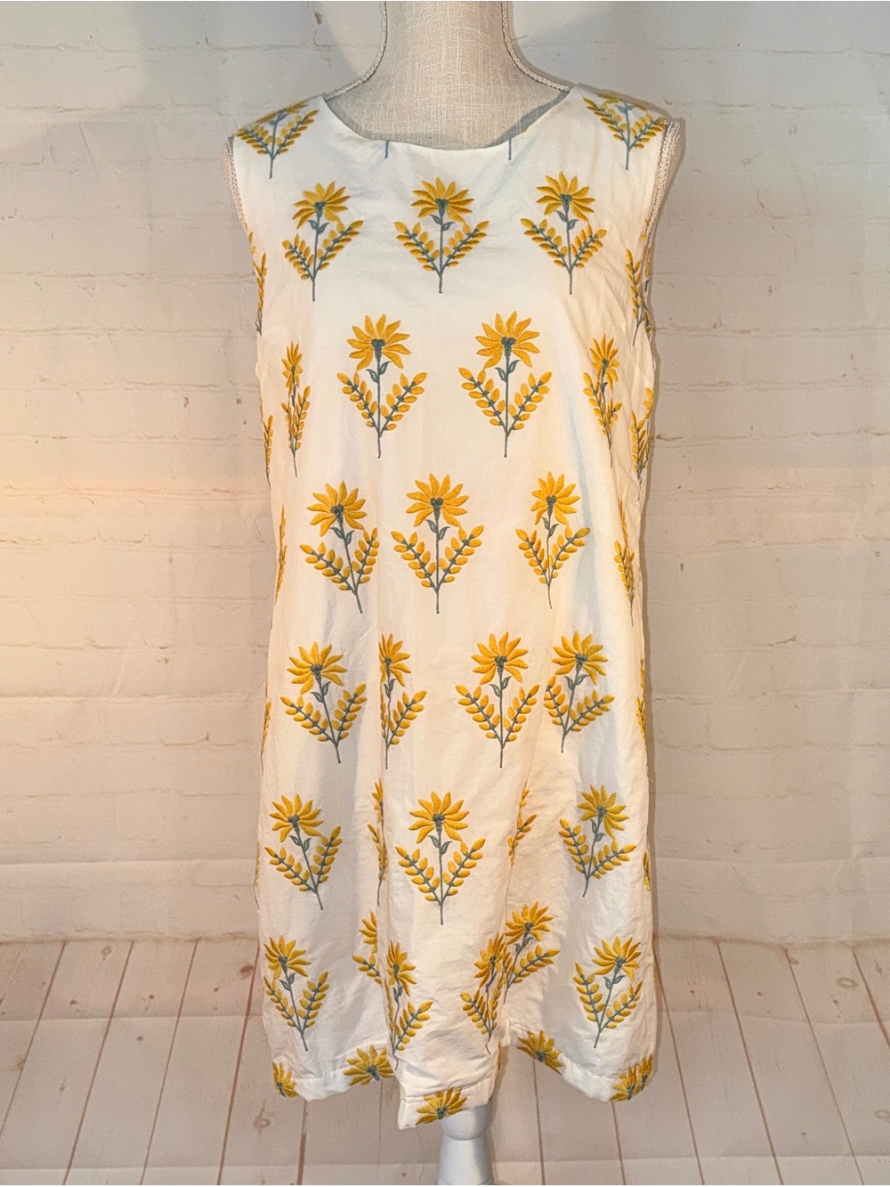🆕 Kiel James Patrick Yellow Flower Shift Dress Cotton Floral Sleeveless L 10 12